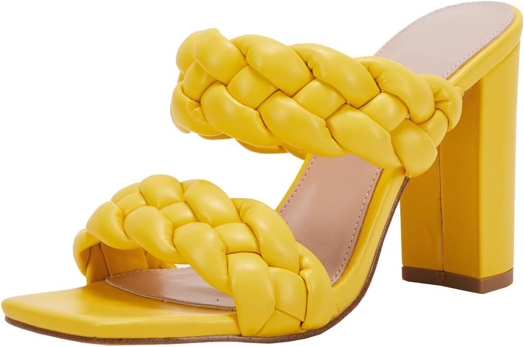 VETASTE Women's Braided Heeled Sandals Chunky Heels Mules Square Open Toe High Block Heel Sandals (6.5, Yellow)