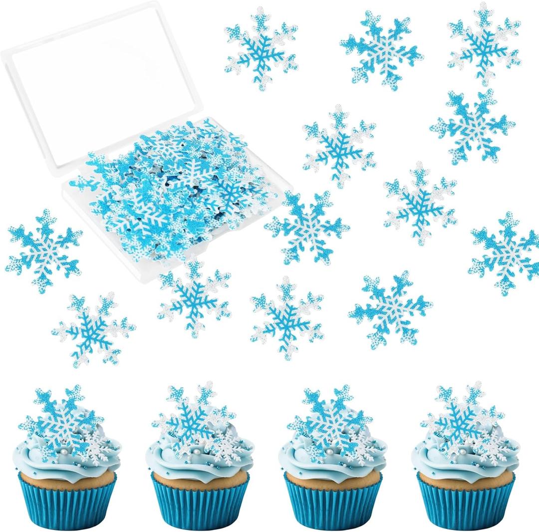 50 PCS Edible Snowflake Cupcake Toppers Wafer Paper Snowflake Cake Decorations Edible Snowflake Cupcake Picks Topper for Christmas Winter Frozen Theme Baby Shower Birthday Party Decor Supplies (Design 1)