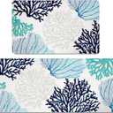 Coastal Beach Kitchen Floor Mat Rugs Set 2 Pcs Anti Fatigue Mats Ocean Themed Coral Non-Slip Comfort Standing Cushioned for Kitchen, Home, Laundry (17.3" x28" + 17.3" x 47" 2/5 Inch Thick, Blue/Teal)