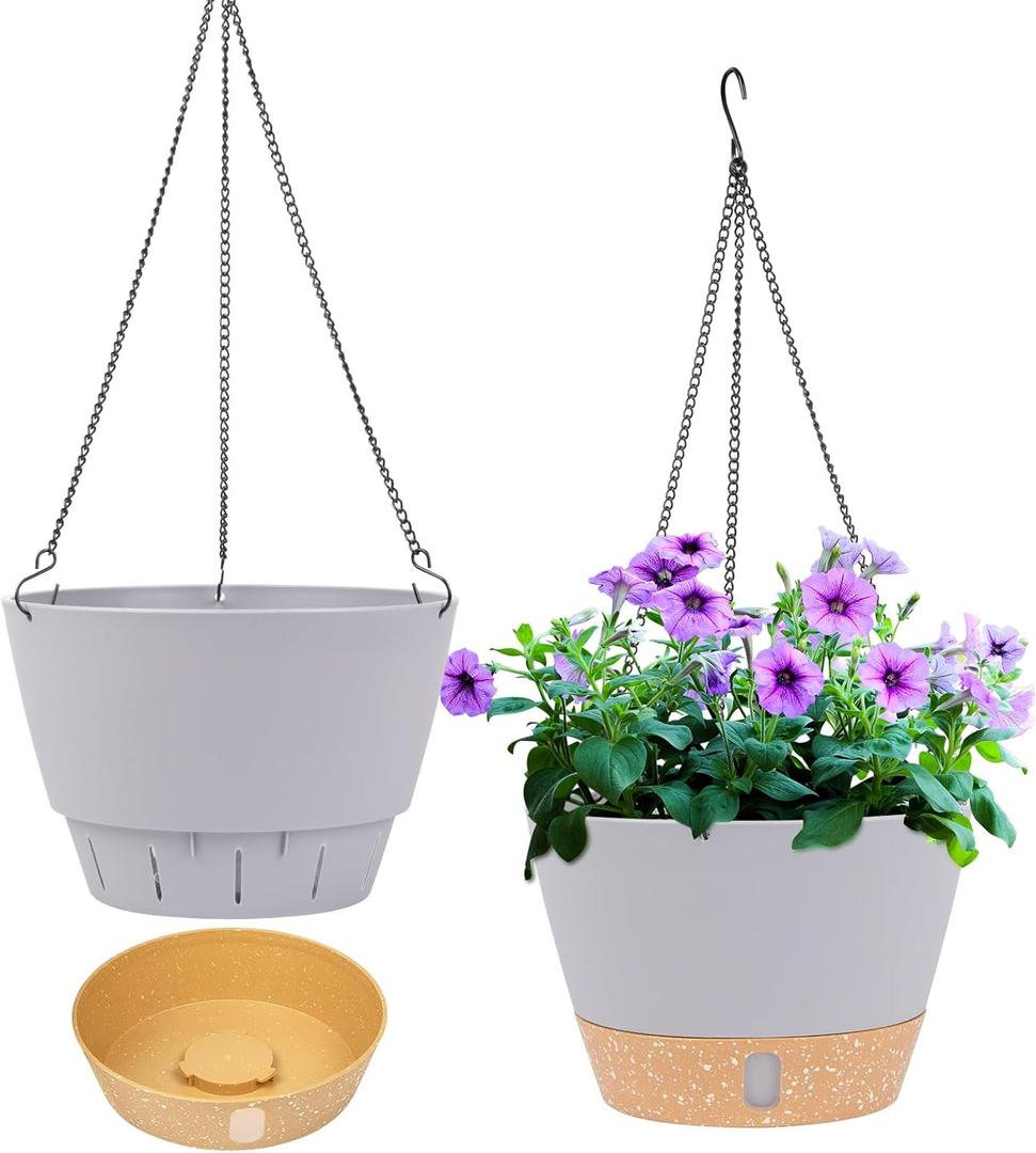 QCQHDU 2 Pack Hanging Planters for Indoor Outdoor Plants, 8 Inch Hanging Baskets Flower Pots with Reservoir Tray & Visible Water-Level (Light Grey)