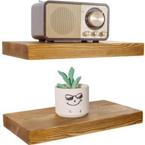 BGMG Wood Floating Shelves for Wall 12 inch Set of 2, Rustic Wooden Wall Mount Shelves for Living Room Bedroom Kitchen Farmhouse-12x6.7x1.25 inch- Gold Oak