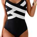 One Piece Swimsuit for Women Modest Full Coverage Bathing Suit Slimming Color Block V Neck Swimwear (Black, S)