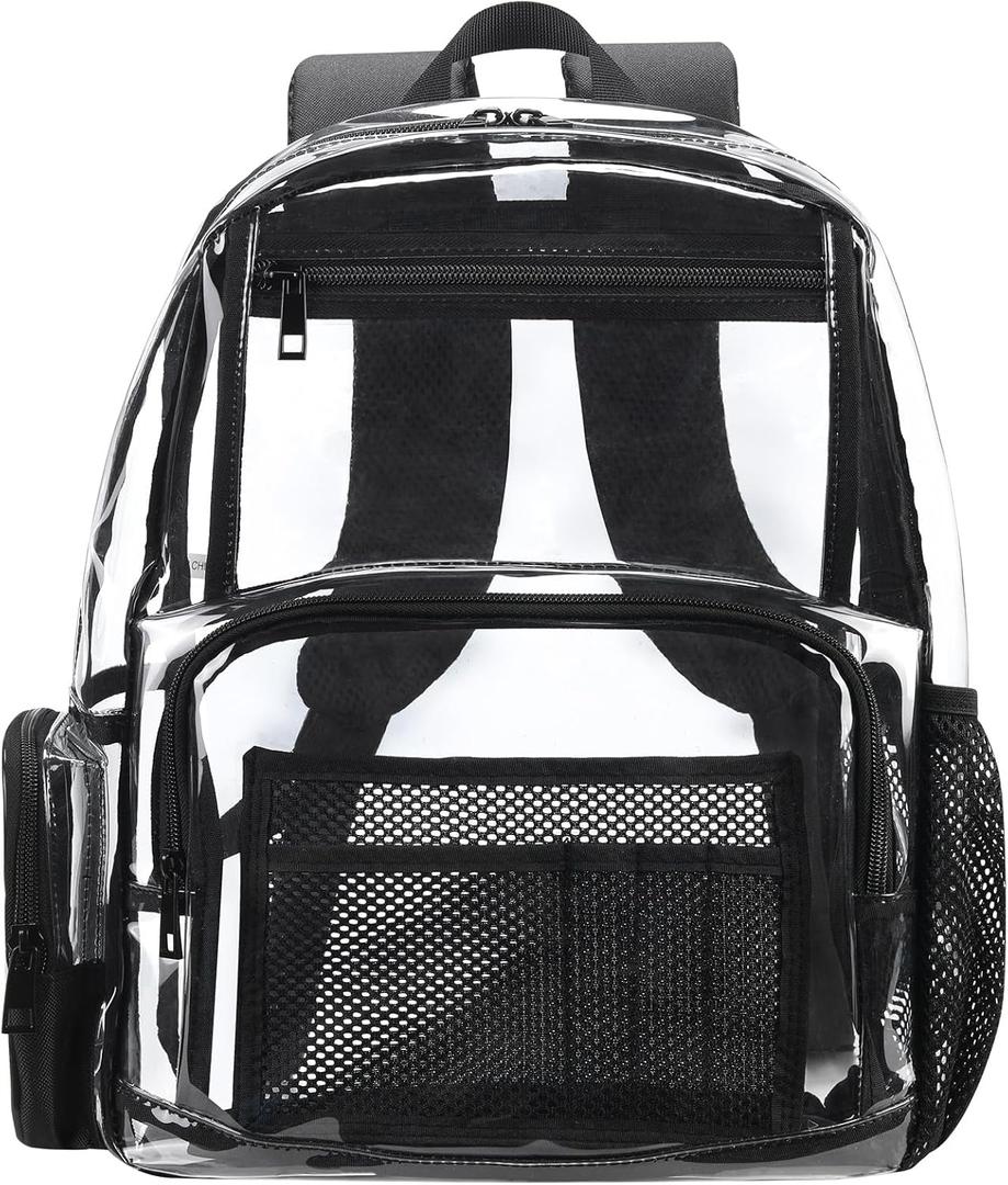 Clear Backpack for School- Heavy Duty Transparent Bookbag Work Concerts, Sports,Travel,stadium events, Large 16 Inches (Black)