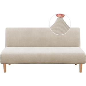Armless Futon Cover Stretch Sofa Bed Slipcover Protector Elastic Feature Rich Textured High Spandex Small Checks Jacquard Fabric Futon Cover, Machine Washable, Island Fossi
