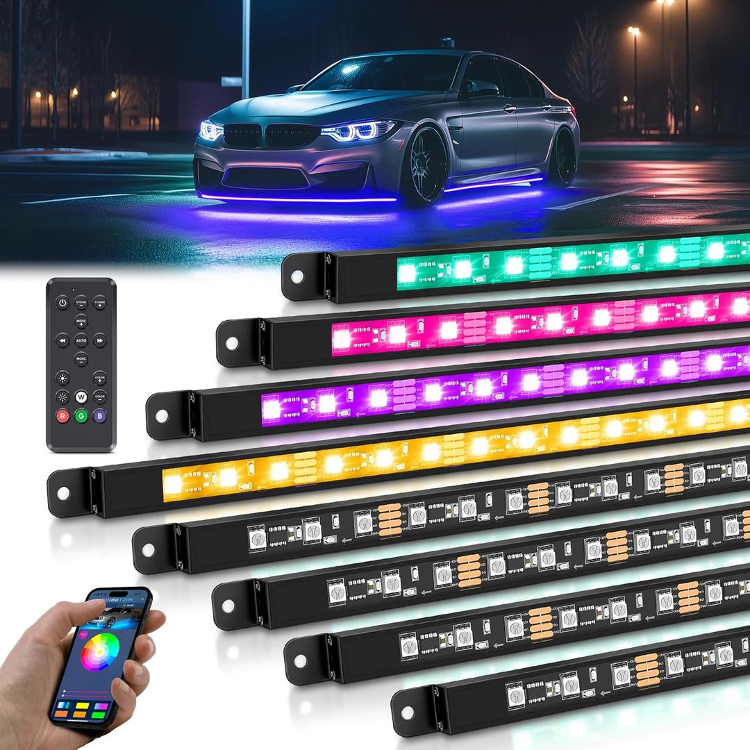 MICTUNING 8Pcs N8+ RGBW Underglow LED Lights for Cars, APP & Remote Dual Control, IP68 Waterproof Aluminum Multicolor Modes Music Soundsync Exterior Neon Accent Car Underglow Kit, RGBW