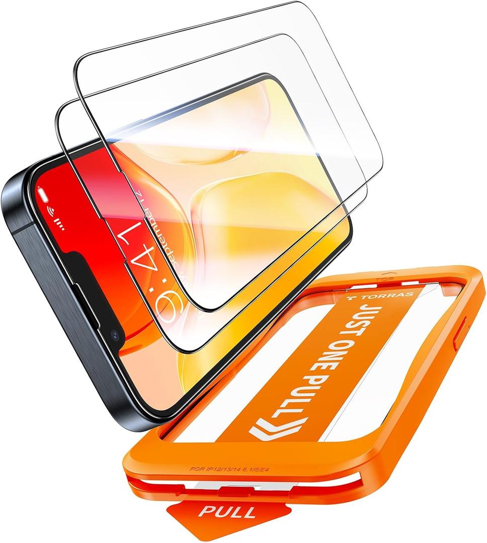 TORRAS 12FT Military-Grade Shatterproof for iPhone 16e/14/13 Pro/13 Screen Protector [9H+ Durable One-Pull Installation] Tempered Glass Screen Protector 16e/14/13 Pro/13 6.1 2 Pack