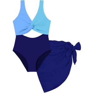 Funnycokid Girls One Piece Swimsuit Size 10-12 Bathing Suit Twist-Knot Blue Color Block Adjustable Straps Pad Teen Swimwear with Cover Up Skirt