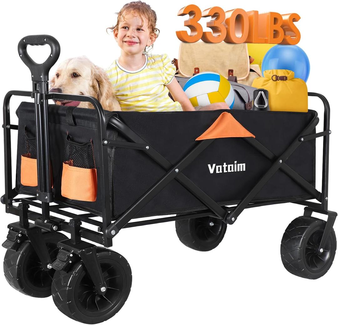 Foldable Wagon Cart with Steel Frame & Big All-Terrain Wheels, Collapsible Utility Cart for Camping, Grocery Shopping, Beach, Outdoor Sports  330LBS Heavy Duty, Black