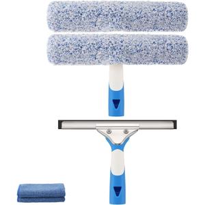 Professional Window Cleaning Kit 10IN, All-in-one Windows Cleaner Tool with Silicone Rubber Squeegee, Microfiber Scrubber & Cloth, Household Cleaning Supplies, Streak-Free Results