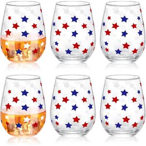 Maxcheck 6 Pcs 4th of July Patriotic Wine Glass Set 18 oz Independence Day Stemless Wine Glasses with Red Blue White Star Design for 4th of July Party Birthday Present Holiday Party Gift
