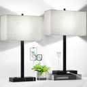 21" Touch Bedside lamps with 2 USB & AC Outlets, 3-Way Dimmable Bedside Table Lamps Set of 2 for Bedroom Living Room Office Reading, Gray Shade Lamps for Night Stands, 5000K LED Bulbs Included