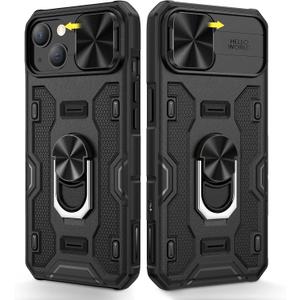 Caka for iPhone 14 & 13 Case with Camera Cover & Kickstand - 360 Rotate Ring Stand - Heavy Duty Protective Cover - Black