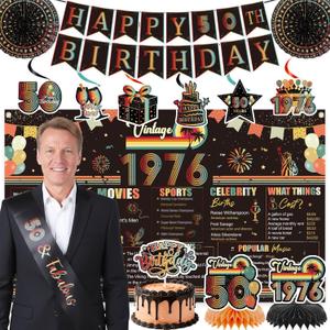 Vintage 50th Birthday Decorations - 14 Pcs Back in 1976 Retro Sunset Party Banner Centerpieces Cake Topper Sash Hanging Swirls Paper Fans Set Cheers Happy Bday Decor Supplies for Men Women