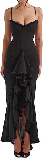 meilun Elegant Mesh Wedding Guest Dress Flowy Ruffle Bodycon Maxi Dress Fishtail Long Formal Dress, Size: M