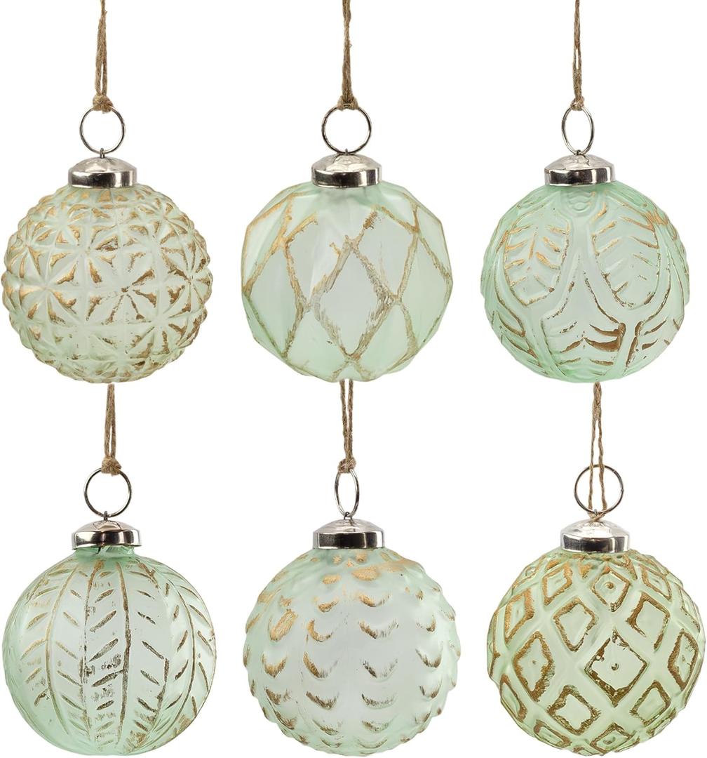 AuldHome Design Farmhouse Ball Ornaments (Set of 6, Soda Glass); Distressed Metal Glass Ball Vintage Style Christmas Decorations