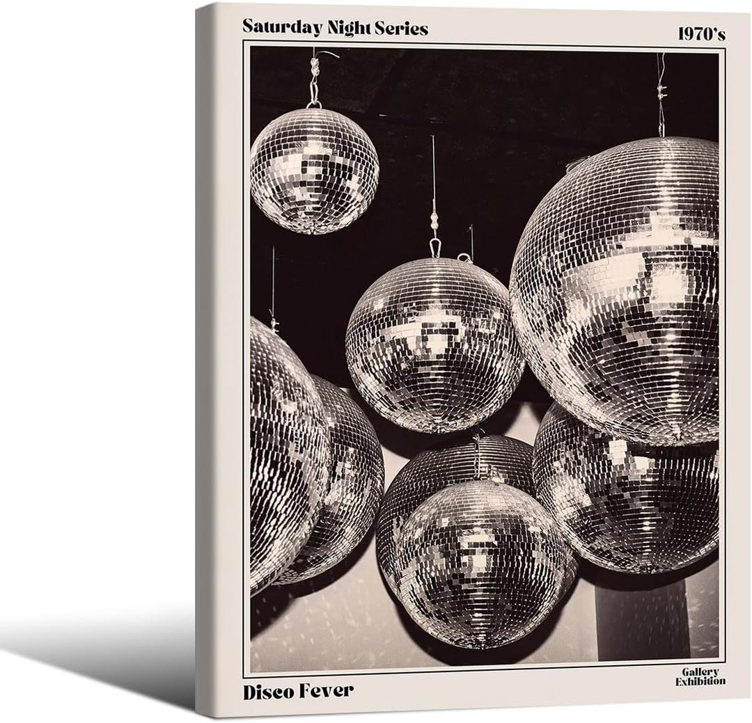 70s Disco Ball Newspaper Wall Art Vintage Black and White Art Posters 12x16 inch Framed Funky Aesthetic Canvas Prints Retro Bar Cart Decor for Bar Bedroom
