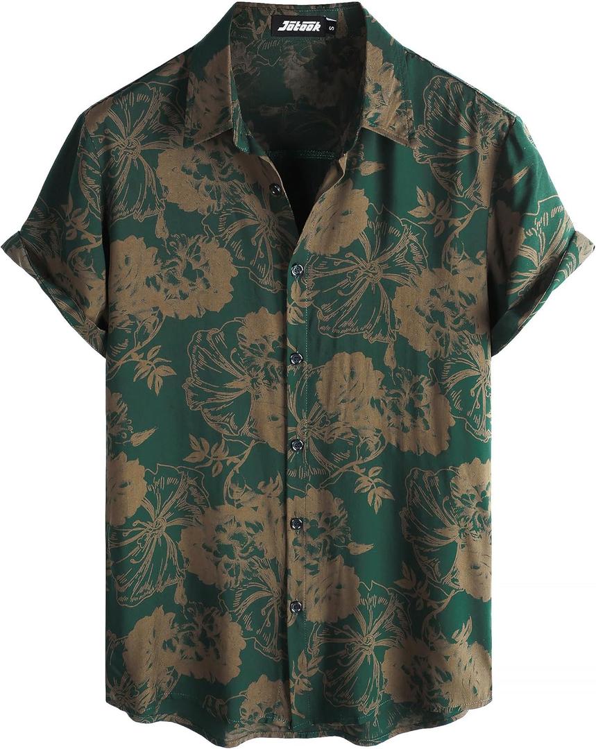 Mens Hawaiian Shirt Short Sleeve Button Down Tropical Shirts Casual Floral Summer Beach Shirt (Small, Dark Green Flower)