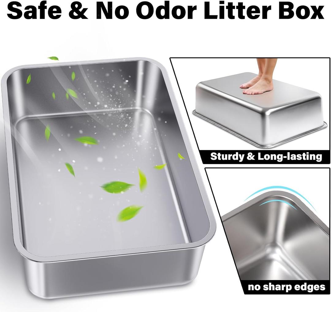 Stainless Steel Litter Box 1 Pack, 23.6" X 15.7" X 6" Extra Large Cat Litterbox No Smell, XL Metal Litter Box for Big Kitty, Multiple Cats, Non Stick, Easy Cleaning