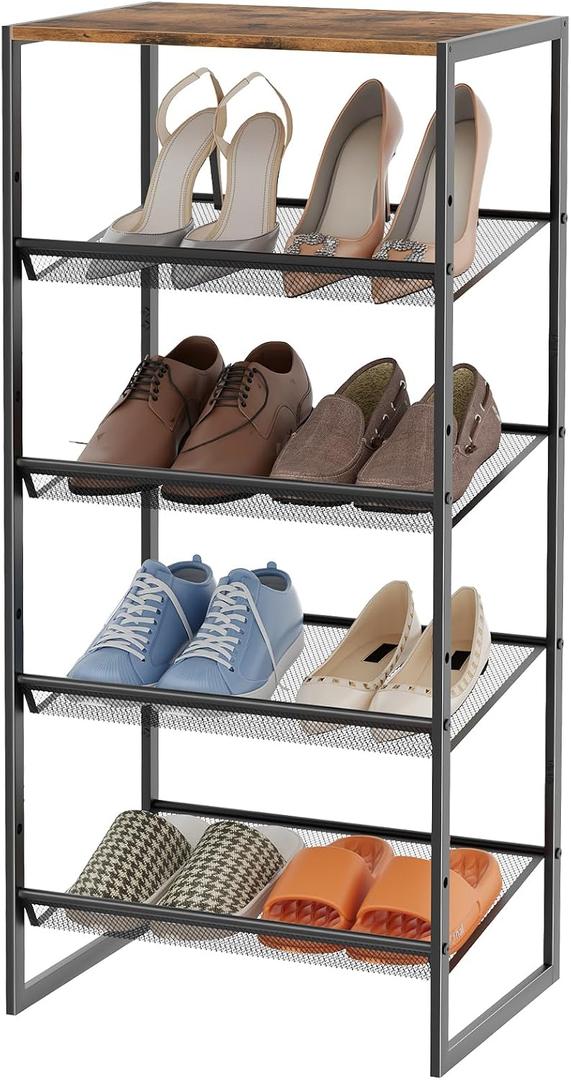 Garden 4 you Shoe Rack for Closet Narrow 5 Tiers, Small Shoe Rack with Brown Wooden Tabletop, Adjustable Metal Shoe Shelf for Closet Entryway Hallway Living Room