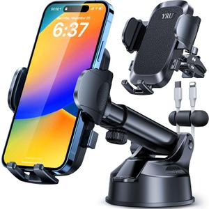 [2025 Upgrade 80LB+ Strong Suction]YRU Car Phone Holder Mount,[Bumpy Road Stable]Dashboard Cell Phone Holder for Car Air Vent Windshield Phone Stand for iPhone 16 15 14 13 Pro Max Samsung Truck, Black