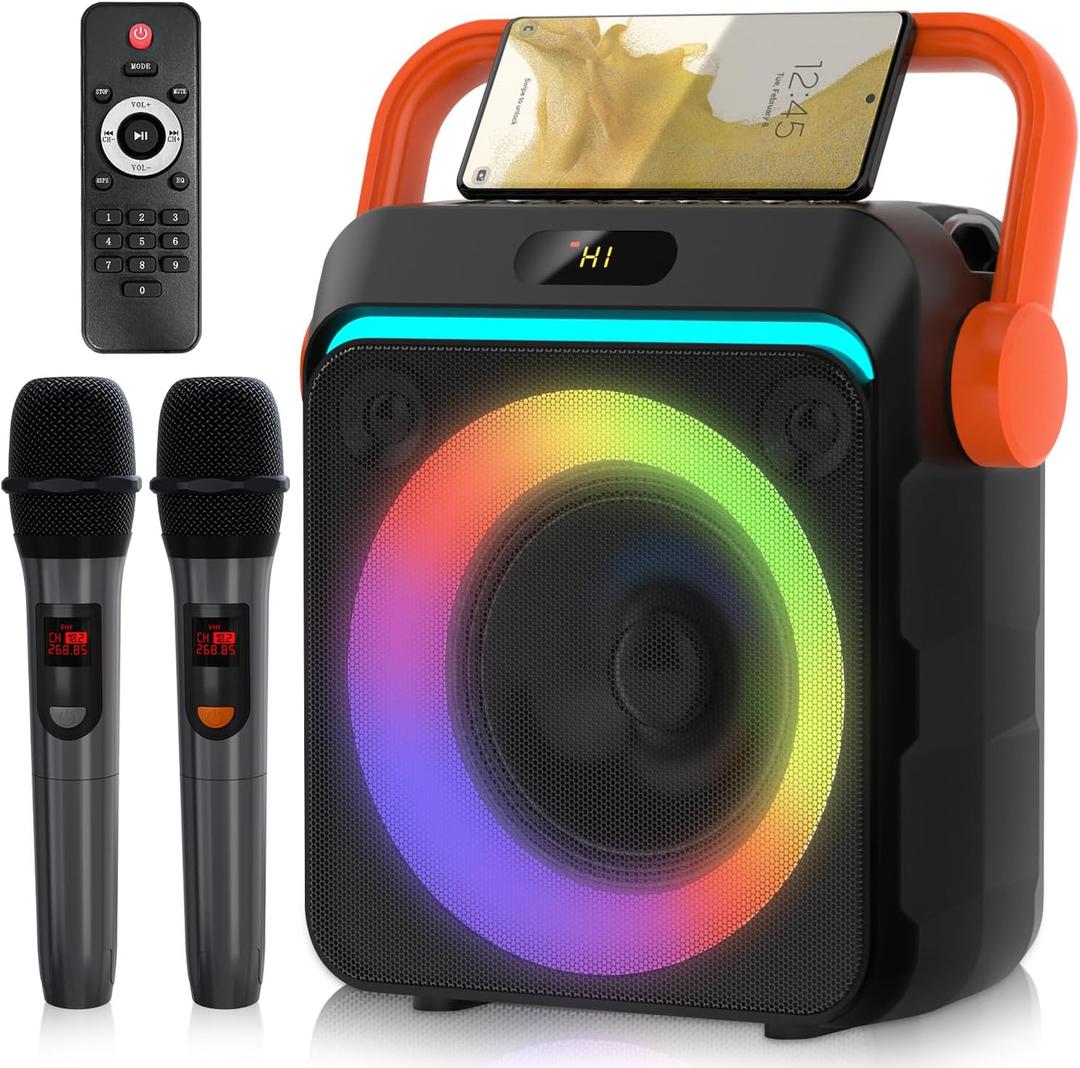 Karaoke Machine with 2 Wireless Microphones, Portable Bluetooth Karaoke Speaker for Adults & Kids with Strobe Lights, Karaoke Microphone with PA System Supports TWS/USB/TF/REC/FM/AUX (Orange)