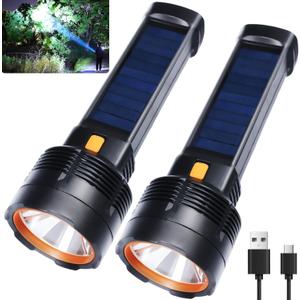 Queena 2 Pack LED Rechargeable Flashlight - 100000 Lumens Super Bright Solar Flashlights, Compact & Waterproof Flash Light for Home, Camping,Hiking, Emergencies, Adventures