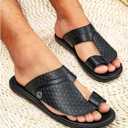 GORGLITTER Men's Leather Sandals Beach Open Toe Slippers Strap Slide Shoes Slip on Casual Flat Flip Flops, Size 46