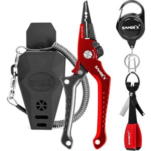 SAMSFX Aluminum Fishing Pliers Hook Remover Braid Line Cutter with Coiled Lanyard, Fly Fishing Knot Tying Tool & Retractors (7'' Split Ring Nose, Gray & Red Handle)