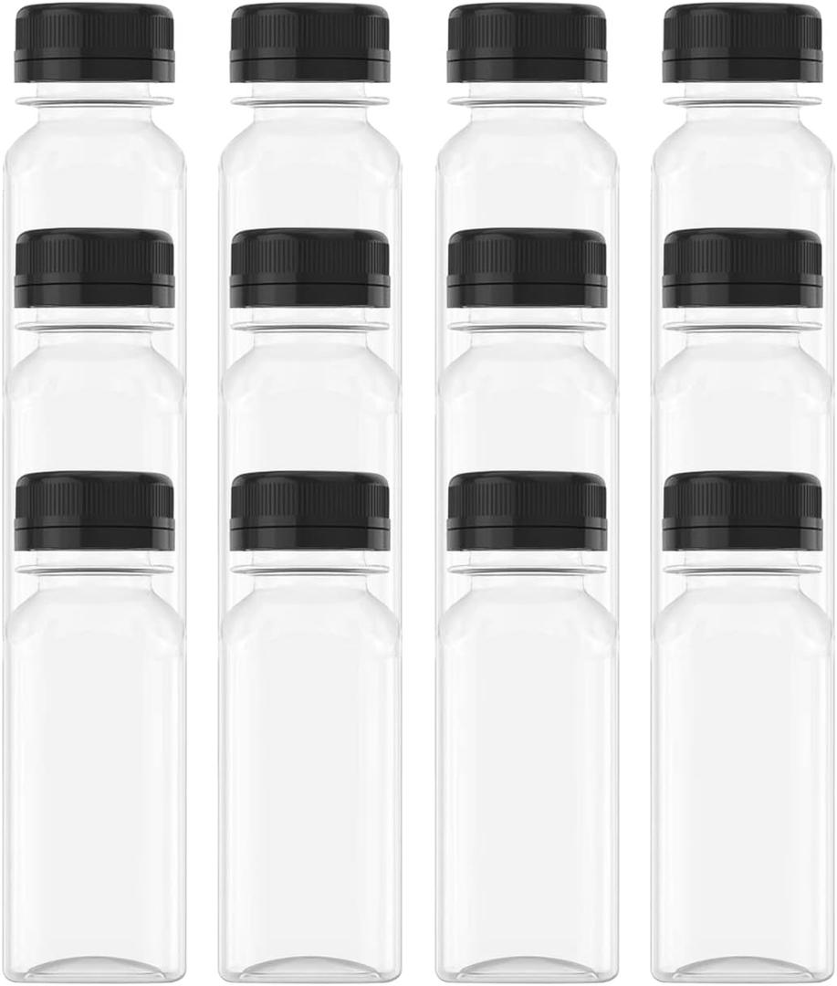 AQSXO 12 Pcs 2 OZ Mini Plastic Juice Bottles, Reusable Bulk Beverage Containers, Comes Black lid, for Juice, Milk and Other Beverages.