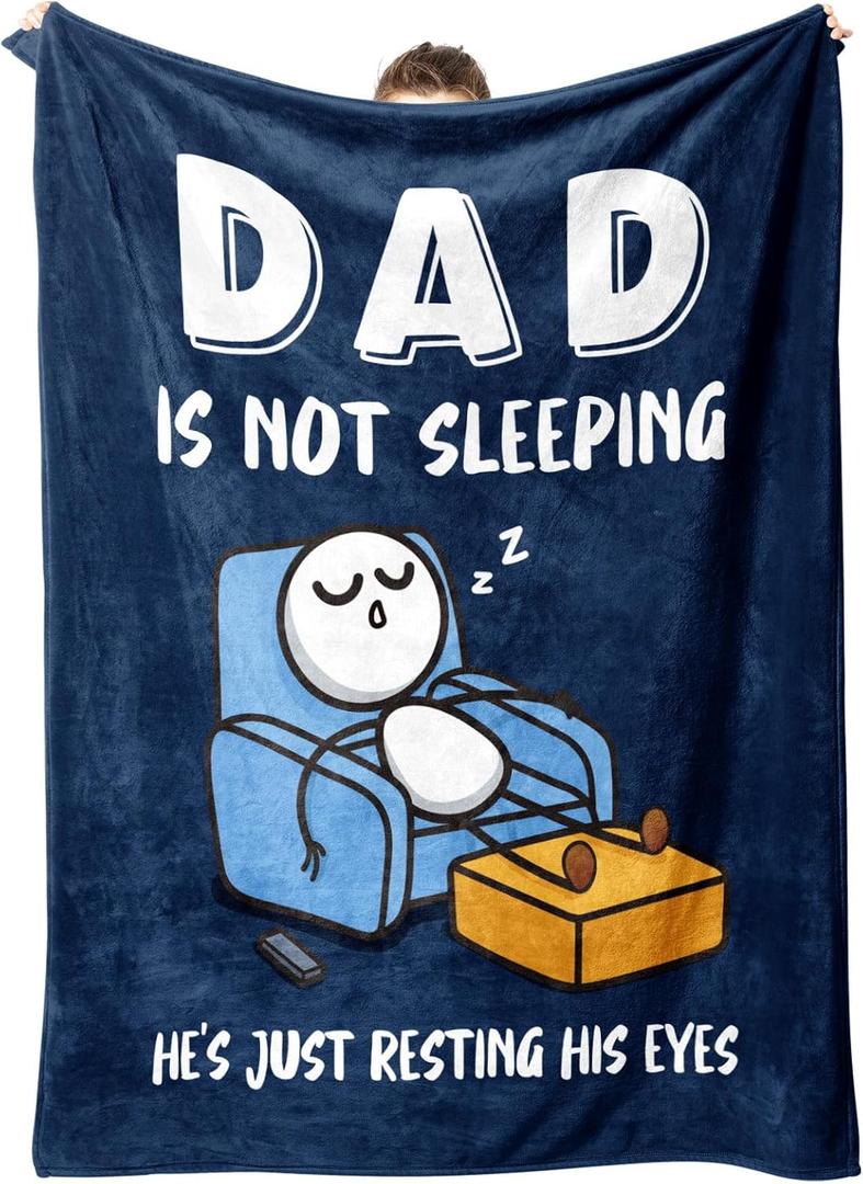 Funny Birthday Gifts for Dad Husband, Dad is Not Sleeping Blanket, Dads Gifts from Daughter Son, Super Soft Throws Blanket for Couch and Napping, 60" x 50" (Blue)