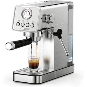 AYCHIRO 20 Bar Semi-Automatic Espresso Machine, Adjustable Espresso Machine with Pressure Gauge, Compact Espresso Maker with Steam Wand, Cup Warmer for Home & Office (Stainless Steel)