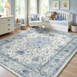 Area Rugs 5'x7' Washable Non-Slip, Floral Vintage Distress Print Pattern Medallion Carpet for Living Room Bedroom Dining Room, Light Blue Navy Beige Gray White