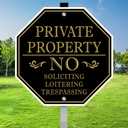 No Trespassing Signs Private Property, No Soliciting Sign for House, 10 x 10 Inches No Loitering Aluminum Metal Signs with 28 Inches Long Stakes for Outdoor Yard (Black/Gold, 10 x 10 inches)