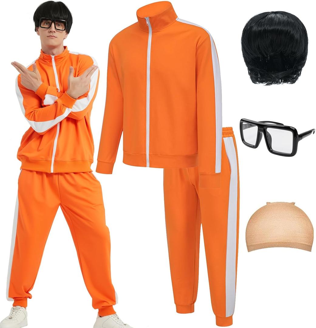 EFORLED Adult Halloween Costumes for Men 2025,Family Orange Zip-Up Tracksuit with Black Wig Cap & Glasses Large