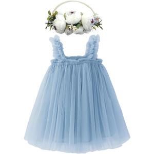 BGFKS Layered Tulle Tutu Dress for Toddler Girls,Baby Girl Rainbow Tutu Princess Skirt Set with Flower Headband. (5-6 Years, Dusty Blue)