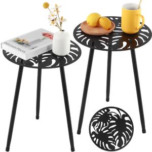 2 Packs Metal Outdoor Side Tables Small Outside End Table for Patio Round Accent Garden Corner Table for Small Spaces, Balcony, Porch Plant Stand Indoor (Black)