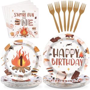 96 Pcs S'Mores Camping Birthday Party Decorations It's S'more Fun to Be One Plates and Napkins Disposable First Birthday Tableware Set for Kid Camper Bonfire Camping Theme 1st Party Supplies Serves 24