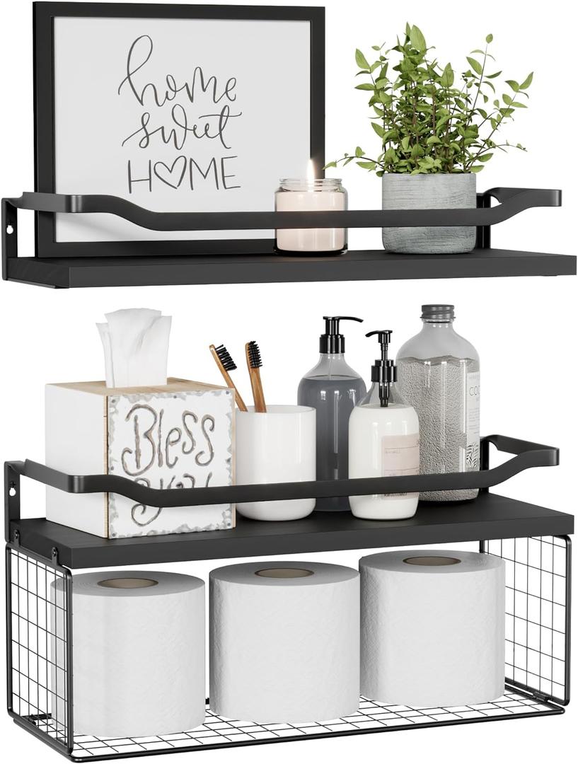 WOPITUES Floating Shelves with Wire Storage Basket, Bathroom Shelves Over Toilet with Protective Metal Guardrail, Wood Wall Shelves for Bathroom, Bedroom, Living Room, Toilet Paper-Black (15.7 inch)