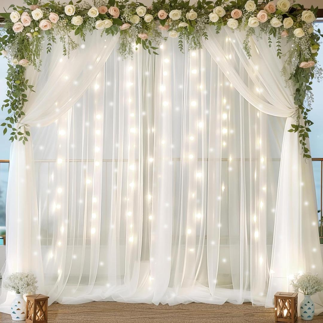 10ft x 10ft White Chiffon Backdrop Curtain with Lights String for Parties,2 Panels Sheer Tulle Curtain Wedding Backdrop with Lights for Baby Shower Birthday Party Ceremony Reception Home Decorations