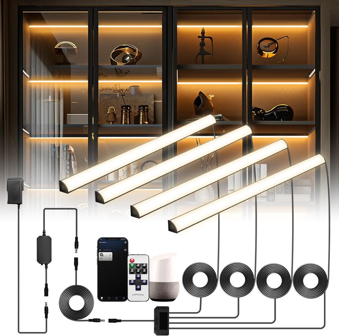 Black Shelf Lights, LED Bookcase Lighting Compatible with Alexa, WiFi Dimmable 2700K Under Shelf Lighting for Bookshelf, Display Case, Cabinets with App, Remote, Memory Function (4Pack 12In)