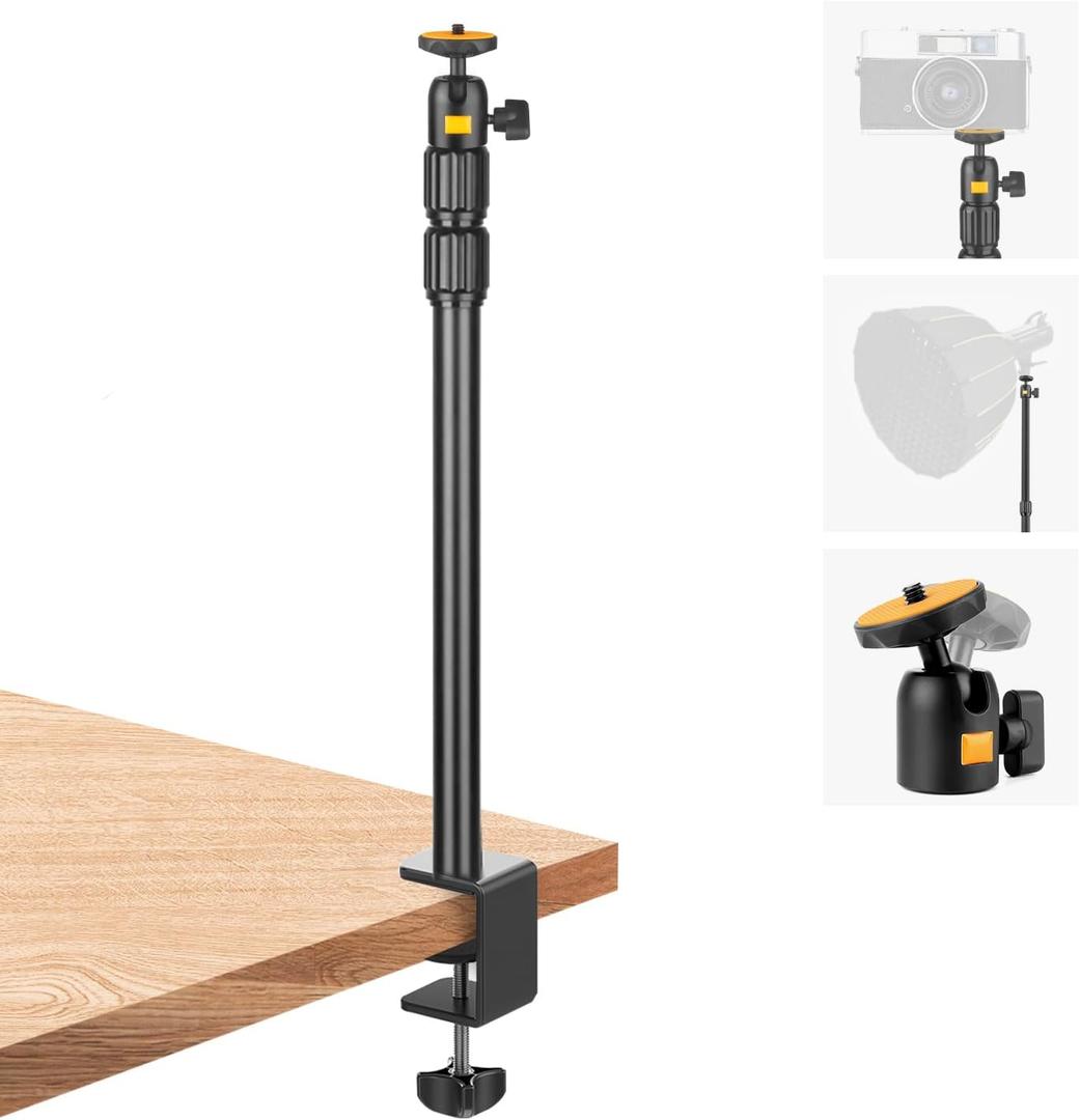 Camera Desk Mount Webcam Stand with 360 Ball Head, Adjustable Table Light Stand 14"-33", Tabletop C Clamp for DSLR Camera, Ring Light, Live Streaming, Photo Video Studios