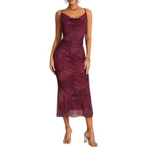 Milumia Women's Floral Cowl Neck Bodycon Maxi Dress Mesh Long Dresses Cocktail Party Fall 2025 (Claret,  X-Small)