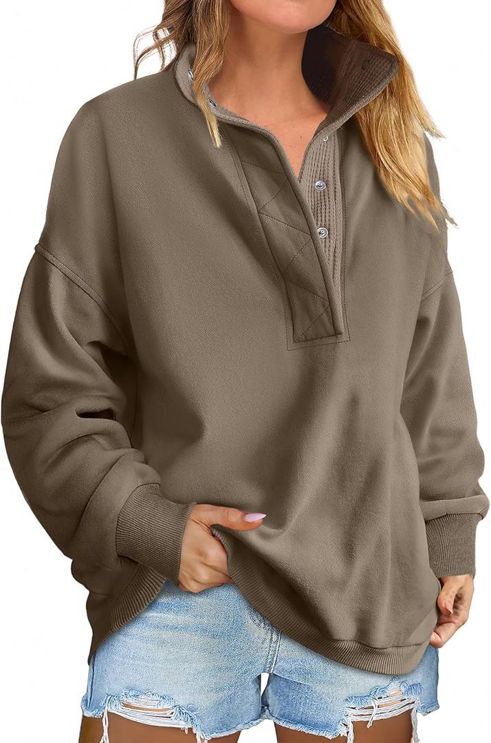 ANRABESS Womens Oversized Sweatshirt Long Sleeve Henley Pullover Tops 2026 Spring Casual Button Loose Fit Teens Outfits (Medium, Brown)