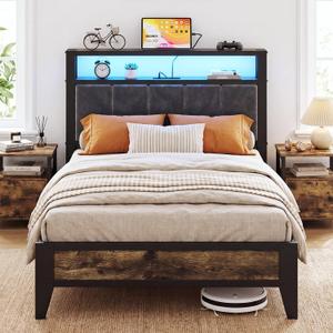 OLEVS Twin Bed Frame with LED Light Storage Headboard and Charging Station Type C, Metal Platform Bed Twin Size,No Box Spring Needed, Noise Free, Easy Assembly