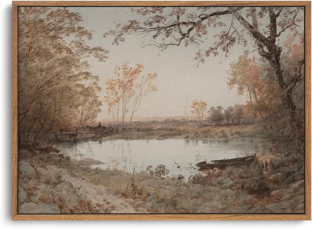 ZZLWBKGL Vintage Framed Wall Art Landscape Wall Decor Farmhouse River Canvas Art Forest Lake Pictures Nature Paintings Rustic Artwork For Living Room Study Bedroom (16"L x 12"W, Autumn Pond)