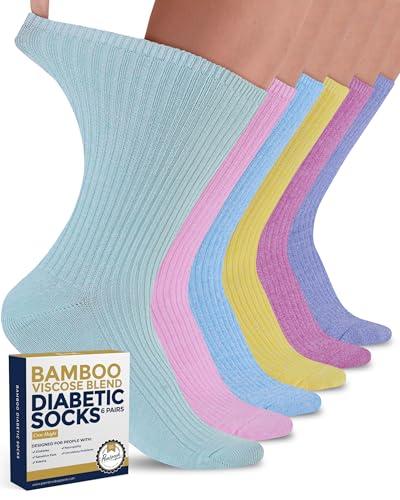 Pembrook Ribbed Knit Bamboo Viscose Diabetic Socks for Women - 5 Pairs | Crew Diabetic Socks for Women Size 9-11 | Neuropathy & Edema | Pink, Light Pink, Purple, Blue, Green, Yellow