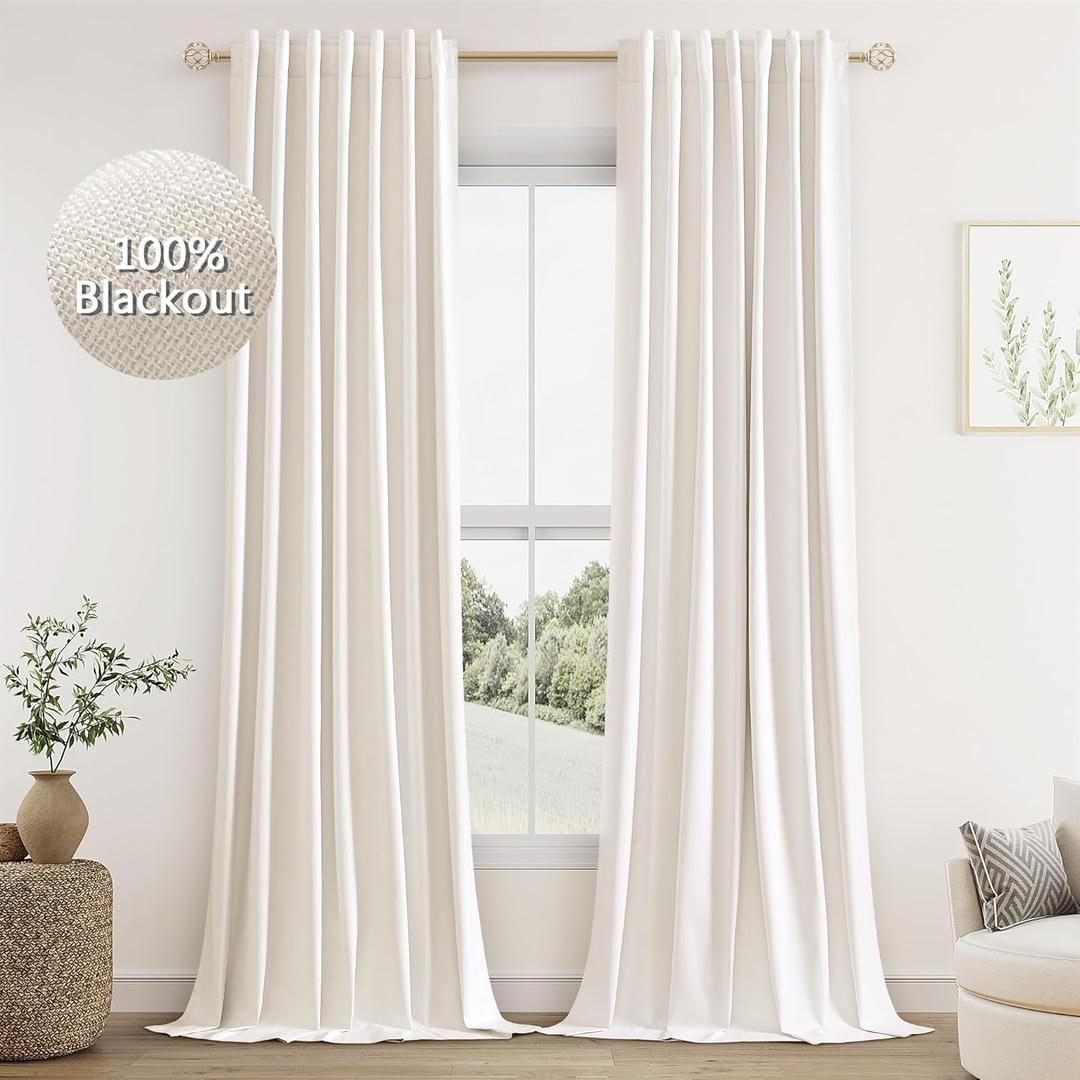 Guken Ivory Linen Blackout Curtains 120 Inch Length 2 Panels Set for Living Room Bedroom Back Tab Thermal Insulated 100% Black Out Linen Drapes Room Darkening Window Curtains 120 Inches Long