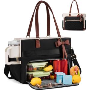 LOVEVOOK Lunch Bag, Tote Bag for Women with Insulated Lunch Compartment, Laptop Bag with Large Capacity & Cup Holder, Work Tote for Teacher, Nurse, Travel, College, Daily, Black-Beige-Brown, 15.6 Inch