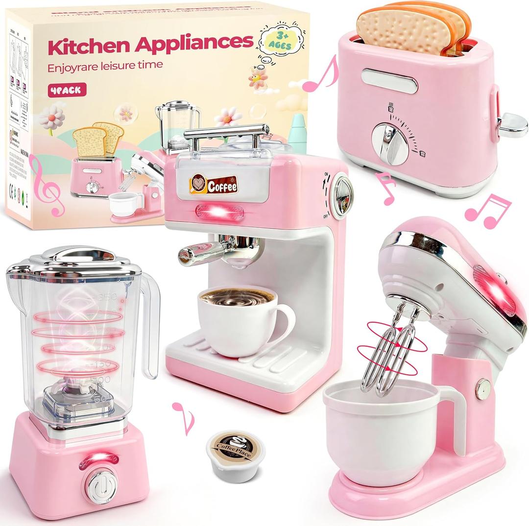 Play Kitchen Accessories,Play Kitchen Appliances with Coffee Maker,Mixer,Toaster and Blender,Kids Kitchen Playset with Lights & Sounds,Pink Kitchen Toys Set for Girls,Birthday Gifts Age 3-5 4-8