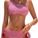 ZAFUL Cute One Shoulder Bikini Set Double Straps Tummy Control High Waisted Bandeau Bathing Suit Tie Side Textured Swimsuits (XS)